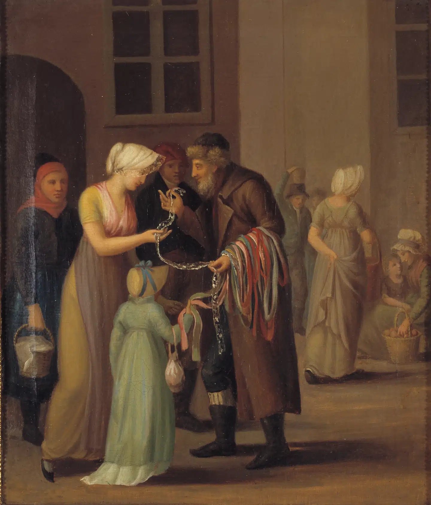 Jøde handler med piskebånd i Læderstræde-kvarteret. Maleriet er af en ukendt maler. Det illustrerer fint, hvordan jøder så ud i 1700-tallet. Mændene havde ofte skæg og lange kaftaner. De var lette at genkende i det københavnske miljø.