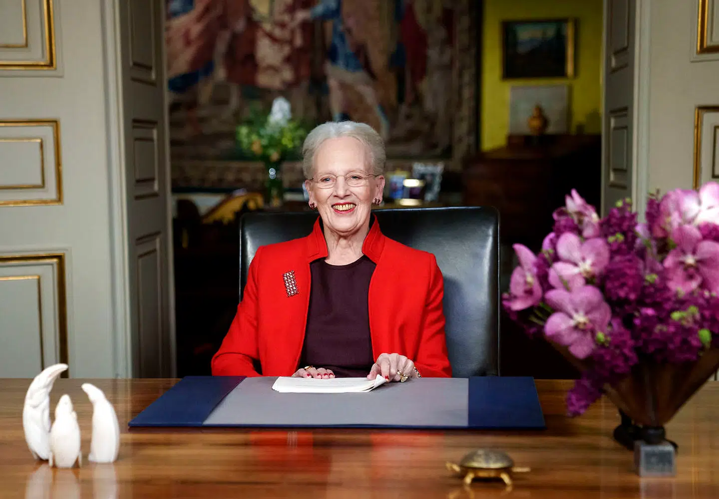 Dronning Margrethe efter afholdelse af nytårstalen 2021 på Amalienborg. Talen var Dronningens halvtredsindstyvende af slagsen.