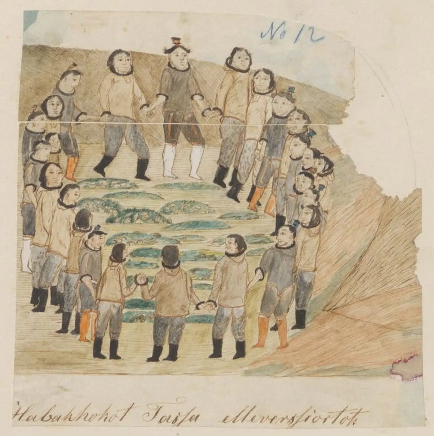 Da Maria Magdele fik himmelske syner drejede de sig ikke mindst om de døde. Ægteparret Habakuk og Maria Magdele havde mistet både sønner og døtre og mange andre i bygden havde mistet slægtninge. Kilder fortæller, at bygdens befolkning gik til gravstedet og holdt hånd og gik rundt om gravene i en bevægende ceremoni. Der findes fire illustrationer, som blev lavet af handelsbestyrer Jens Kreutzmann (1828-1899). De var altså sene i forhold til begivenhederne, men byggede på Kreutzmanns nøje kendskab til befolkningen og den mundtlige tradition. Foto: Det grønlandske Nationalmuseum og Arkiv.