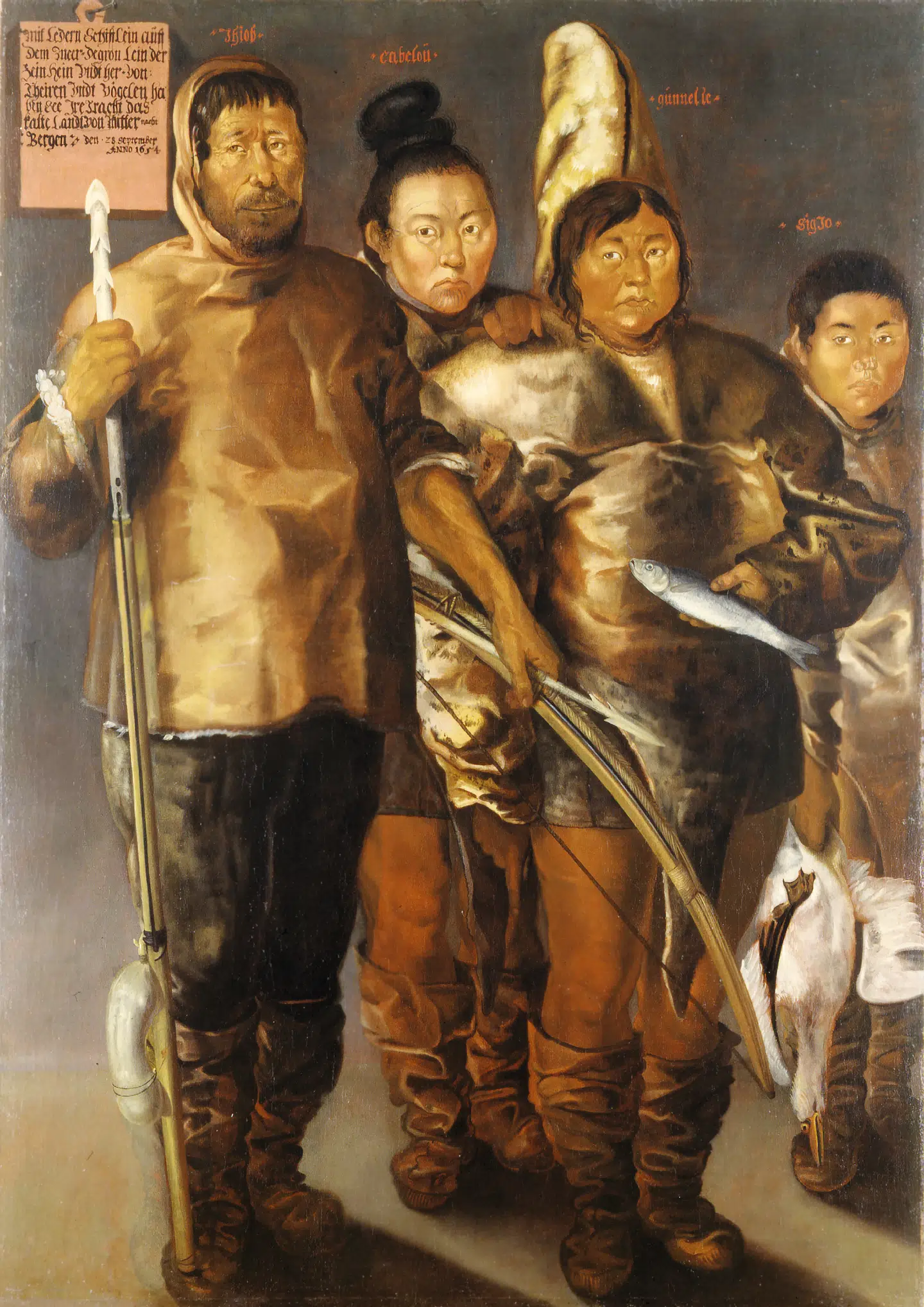Maleri af ukendt kunstner af fire grønlændere, der blev bortført i 1654. De er navngivet Kabelau, Gunelic, Sigjo og Ihiob. Det skete ved en dansk ekspedition anført af Jens Munk. Selv om maleriet altså er 130 år tidligere end Habakuk og Maria Magdelenes aktiviteter, så ændredes grønlændernes klædedrager sig ikke væsentligt. Foto: Nationalmuseet, Lennart Larsen.