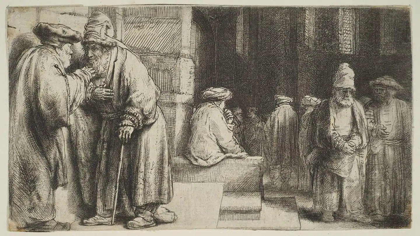 Holger Paulli opholdt sig længe i Amsterdam, hvor der var en stor jødisk menighed, der bestod af blandt andre sefardiske jøder, der var kommet fra Spanien, Portugal og Nordafrika. Samtidig med Paullis ophold levede Rembrandt i byen og malede og tegnede jødiske miljøer og personer. Dette er Rembrandts illustration af jøder i Amsterdam fra1648. Foto: Rijksmuseum, Amsterdam.