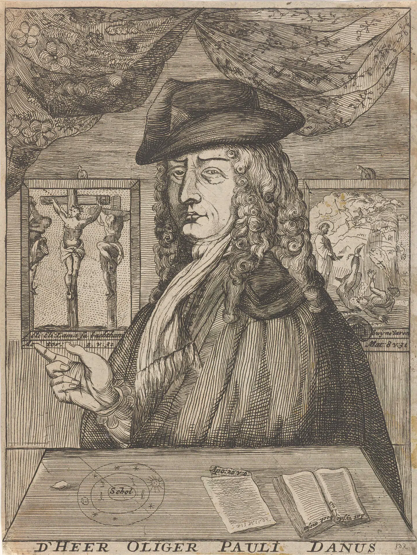 Et satirisk stik fra 1600-tallet, hvor man ser Holger Paulli med sine skrifter på bordet og korsfæstelsen i baggrunden. I teksten kaldes Paulli for Oliger Pauli Danus. Foto: Alamy Photoes.