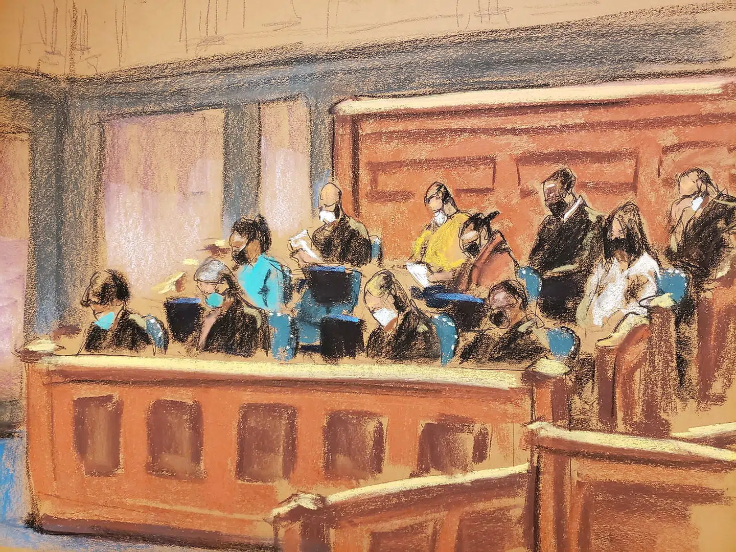 Den 12 personer store jury har under hele retssagen lyttet og noteret, mens forsvar og anklager har fremført deres argumenter. Nu mangler kun en ting: Juryens dom over Ghislaine Maxwell. Tegning: Jane Rosenberg/Reuters/Ritzau Scanpix