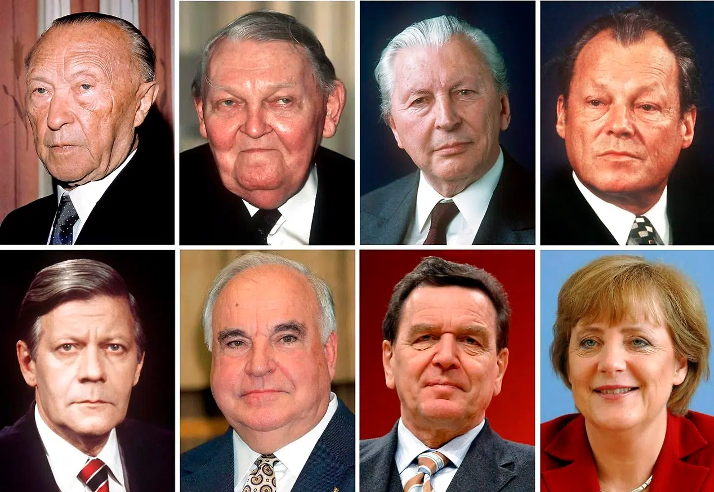 Tidligere tyske forbundskanslere i først Vesttyskland og senere det genforenede Tyskland. Set øverst fra venstre er det Konrad Adenauer, CDU, 1949-1963 (billede fra 1963), Ludwig Erhard, CDU, 1963-1966 (billede fra 1972), Kurt Georg Kiesinger, CDU, 1966-1969 (billede fra 1980) og Willy Brandt, SPD, 1969-1974 (billede fra 1973). Nederst fra venstre er det Helmut Schmidt, SPD, 1974-1982 (billede fra 1976), Helmut Kohl, CDU, 1982-1998 (billede fra 1998), Gerhard Schröder, SPD, 1998–2005 (billede fra 2005) og Angela Merkel 2005-2021 (fra hun blev Tysklands første kvindelige kansler). FDP-politikeren Walter Scheel var fungerende kansler i få dage fra 7. maj til 16. maj 1974.