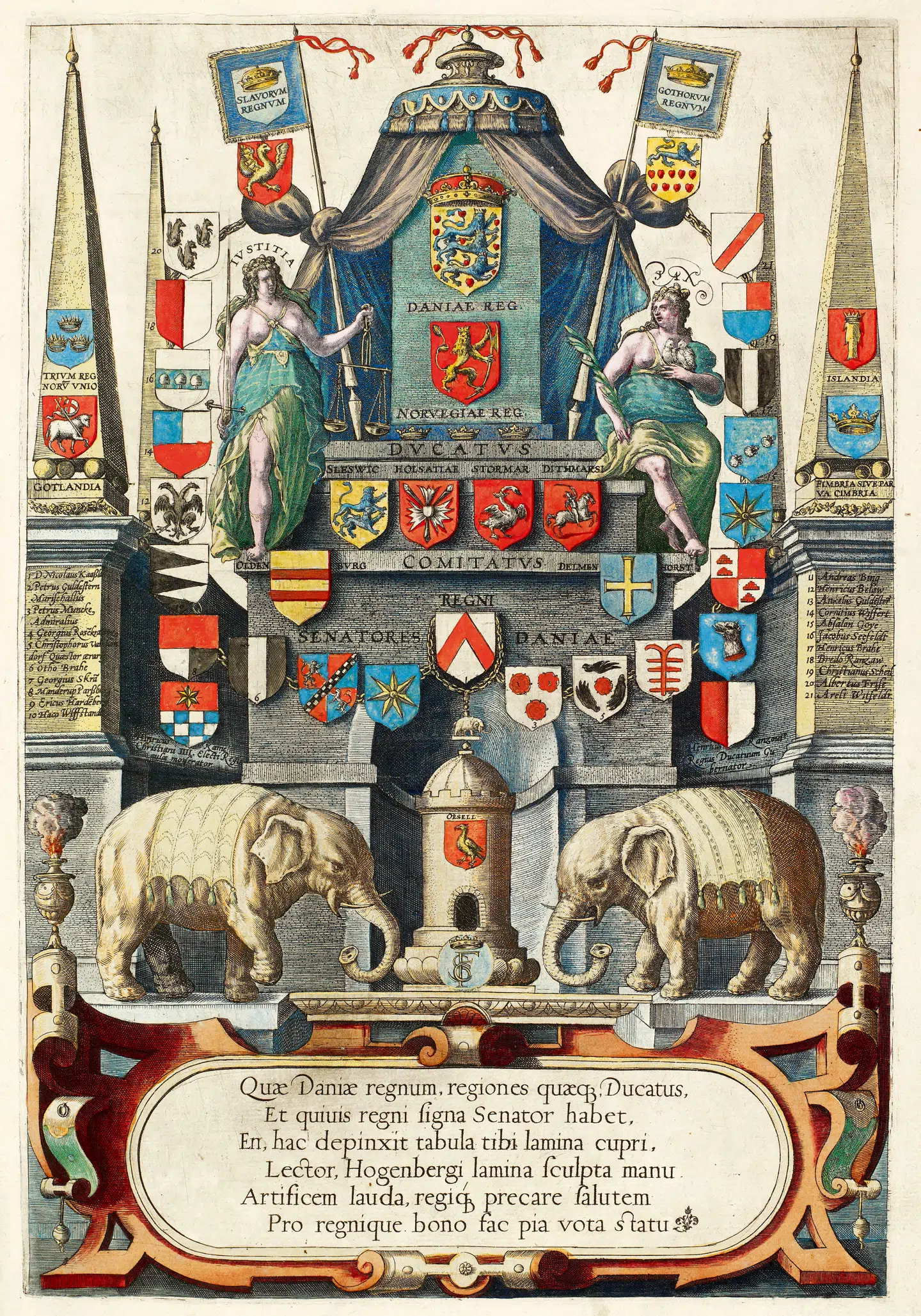 Et mindeblad for Frederik 2. udsendt i 1588. Under et våbentelt ses kongens våbenmærker for hans to kongeriger, det danske våben med lukket krone over og for hertugdømmerne og grevskaberne. De Venders og de Goters skjolde er vist under to faner. På den venstre obelisk ses de tre kroner med teksten TRIVM REGNORVM VNIO (unionen af de tre kongeriger) og Gotlands våben. På den højre obelisk ses Islands og Femerns våben. Øsels ørn er anbragt på tårnet mellem de to elefanter, der hentyder til Elefantordenen. Alle øvrige våbenskjolde er rigsrådenes. Det kgl. Bibliotek. Illustration fra bogen.