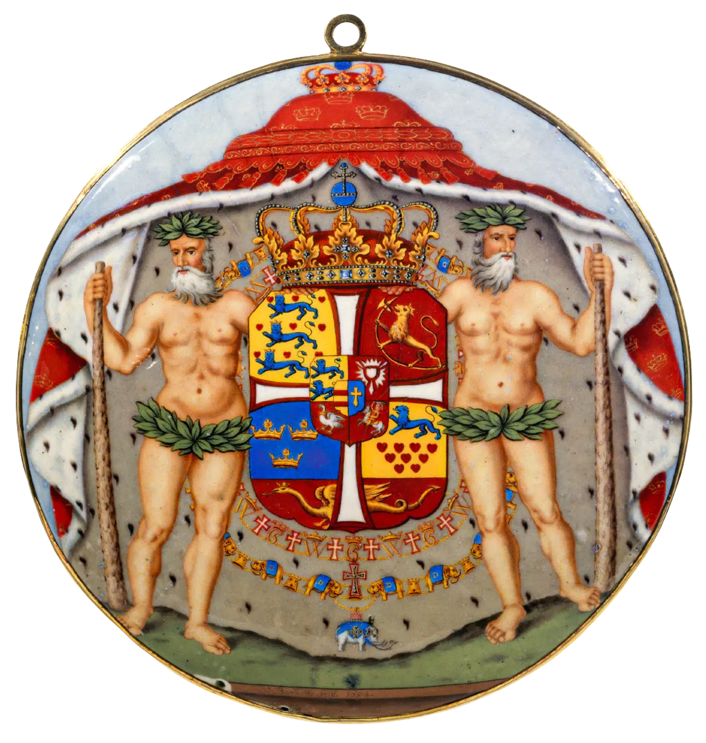 Christian Vs våben. Medaljon i emaljearbejde af Josias Barbette, 1694. Rosenborg. Illustration fra bogen.