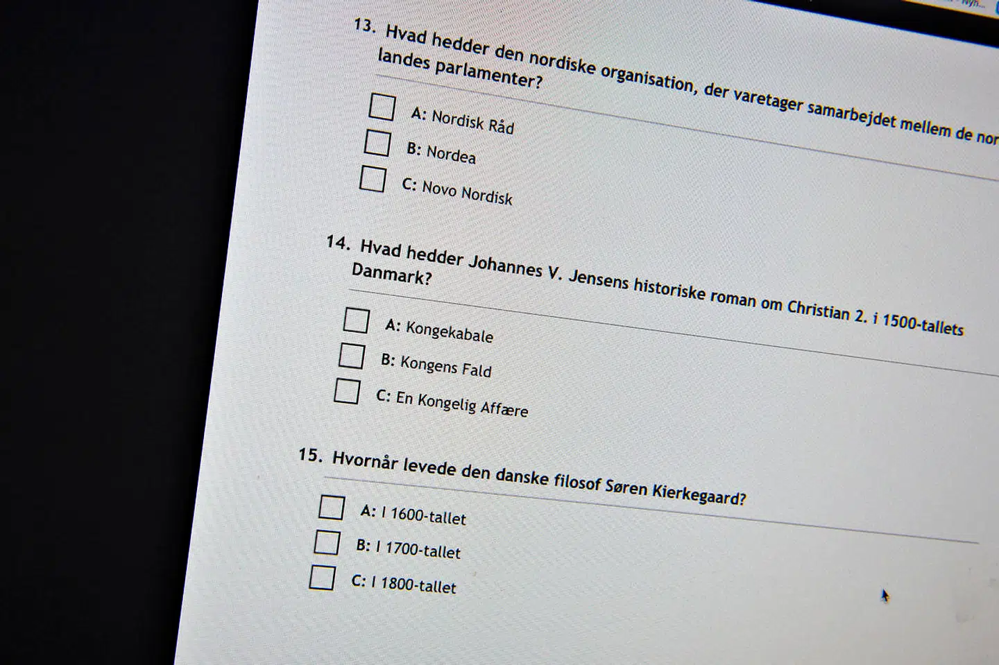 Indfødretsprøven 2015 affotograferet fra computerskærm, onsdag 28. november 2018.. (Foto: Henning Bagger/Ritzau Scanpix)