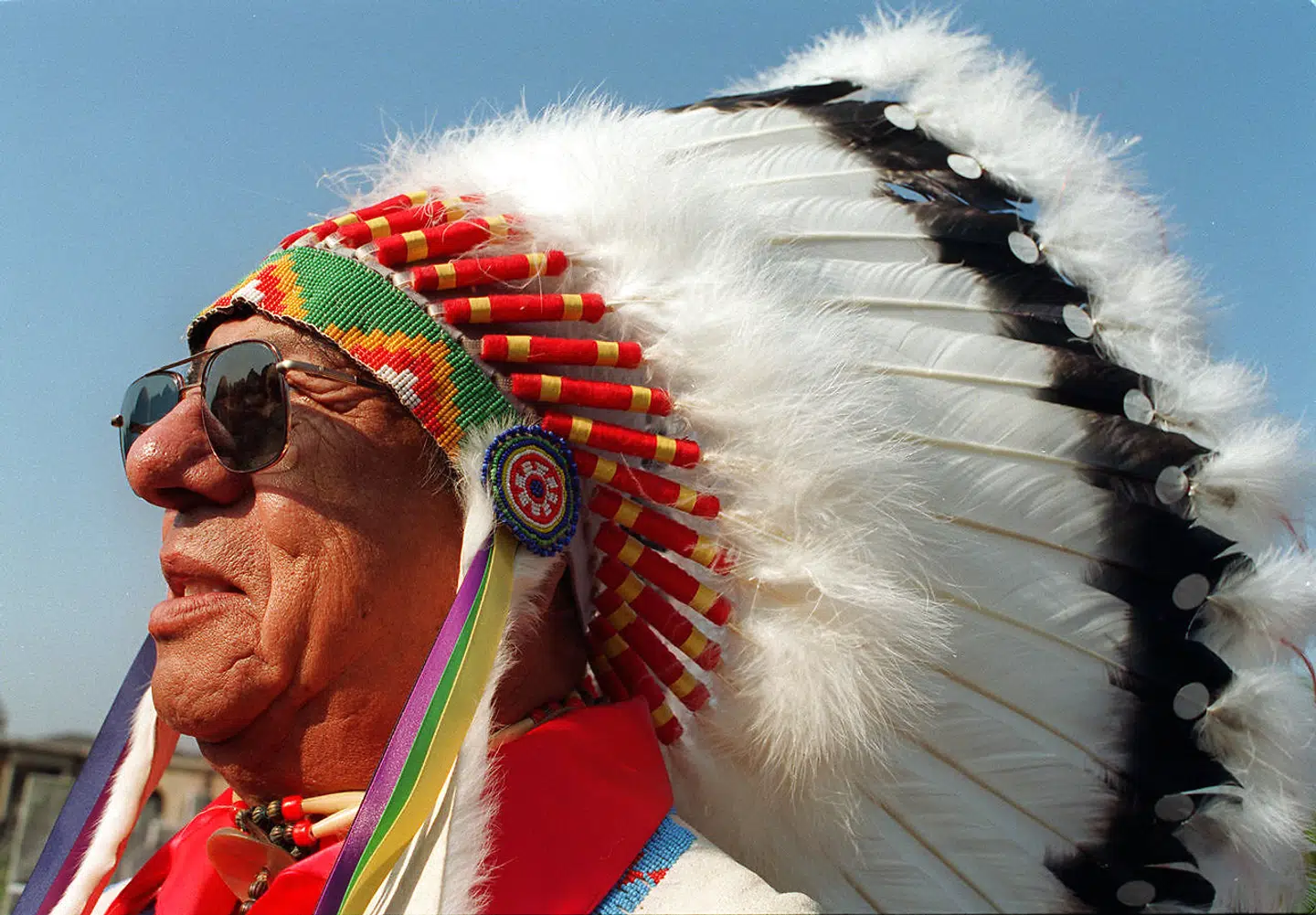 En fjerprydelse er en hovedbeklædning, som her bæres af sioux-høvding Long Wolfs oldebarn, John Black Feather.