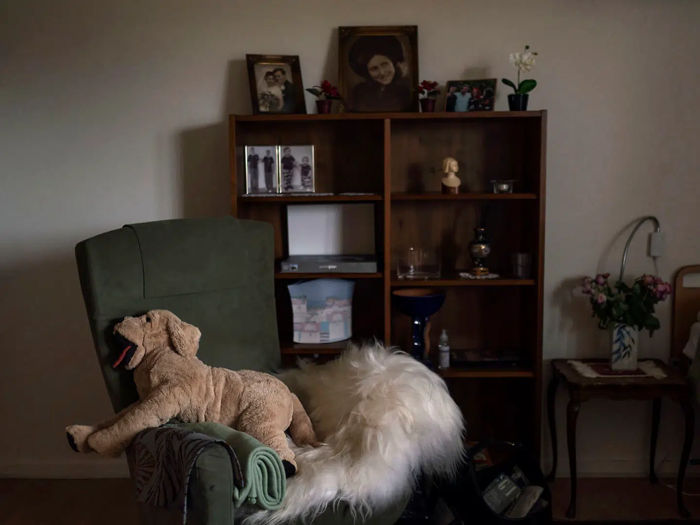 Selvom Ruth først er flyttet ind for nylig, er hendes lille etværelses lejlighed med eget bad allerede indrettet med reoler, bord og stole. Og i vindueskarmen står flere buketter med friske blomster – heraf en, hun har fået som velkomsthilsen fra plejehjemmet.