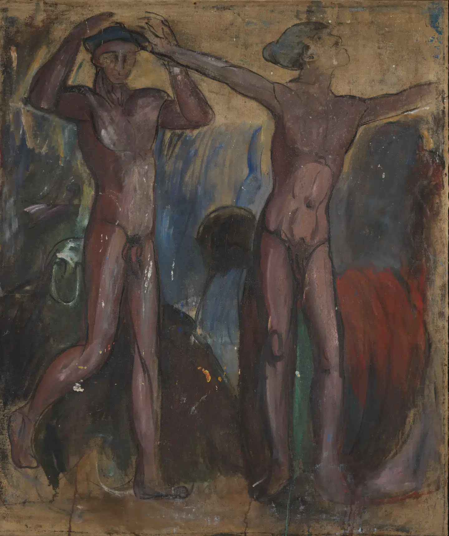 Her er, hvad Jens Adolf Jerichaus billede, malet cirka 1913, gemte. På bagsiden af et værk med titlen »Havguder«, skjulte der sig dette billede af to nøgne mænd. Louisiana har valgt at vise bagsiden af billedet.