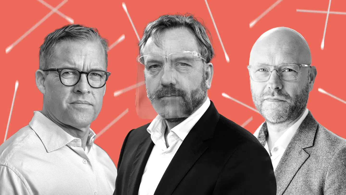 For tre selskaber bag kviktest er blevet en milliardforretning. Fra venstre: Falck-topchef Jakob Riis, Copenhagen Medical-ejer Jeppe Handwerk og Carelink-topchef Brian Rosenberg. Grafik: Kristian Stauning