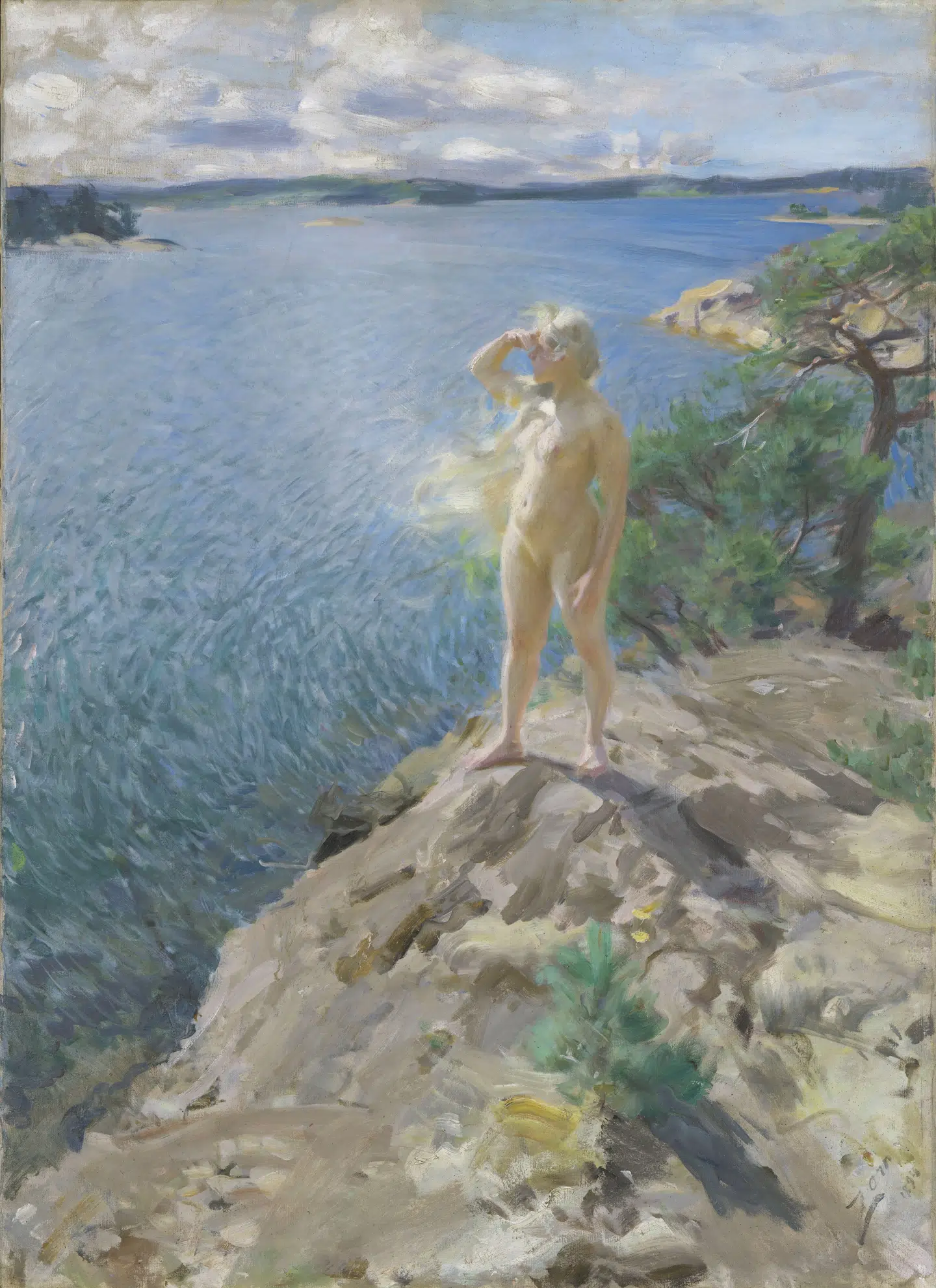 Et vitalistisk skærgårdsbillede. Figuren er malet med samme strøg som baggrunden. Det er mennesket som natur – i naturen. Anders Zorn, I skærgården, 1894, olie på lærred, Nasjonalmuseet, Oslo