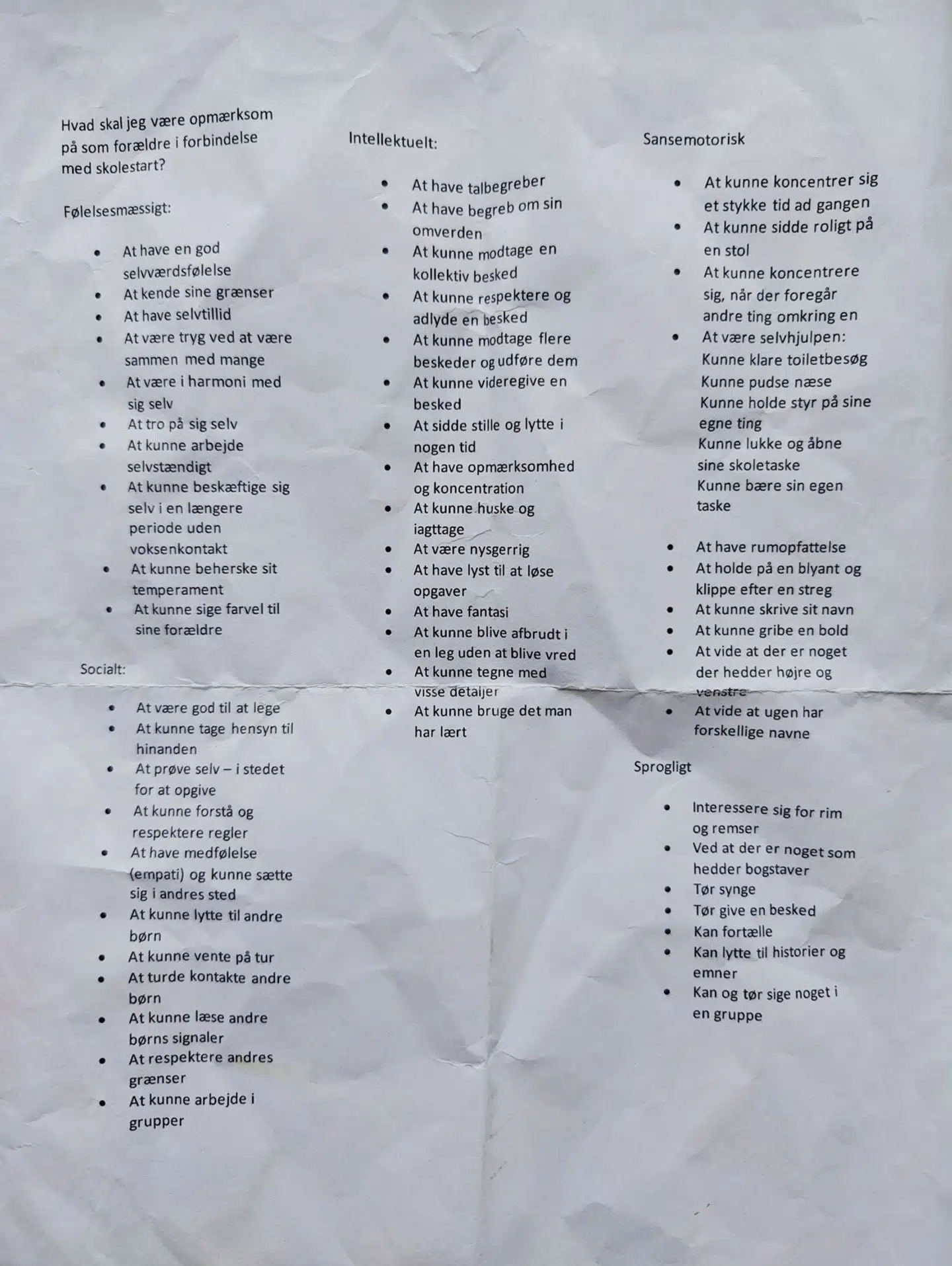 De 53 punkter, som forældre til børn på Damhusengens Skole bedes være opmærksomme på i forbindelse med skolestart.