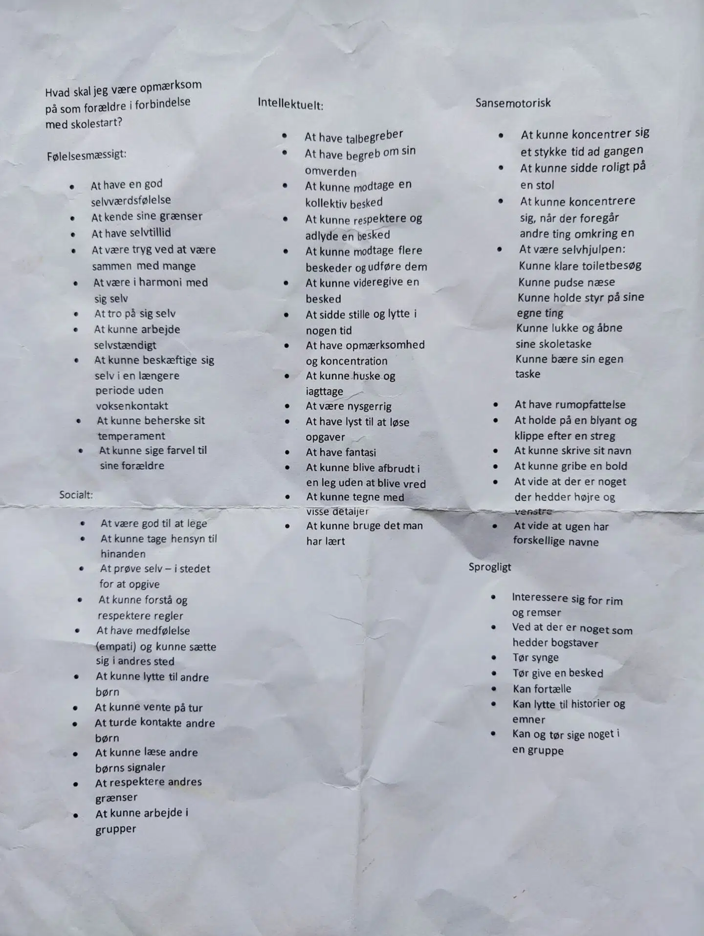 De 53 punkter, som forældre til børn på Damhusengens Skole bedes være opmærksomme på i forbindelse med skolestart.