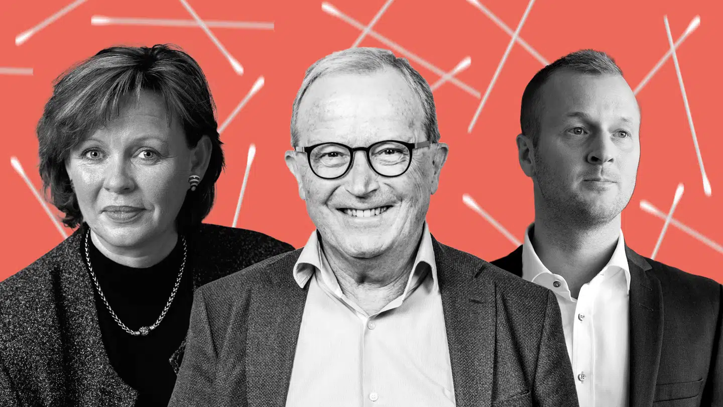 Gyldne folk i kulissen bag de mange kviktest: Fra venstre ECCO-ejer og bestyrelsesformand Hanni Toosbuy Kasprzak, LEGO-ejer og Kirkbi-formand Kjeld Kirk Kristiansen og LEGO-ejer og bestyrelsesformand Thomas Kirk Kristiansen. Grafik: Kristian Stauning