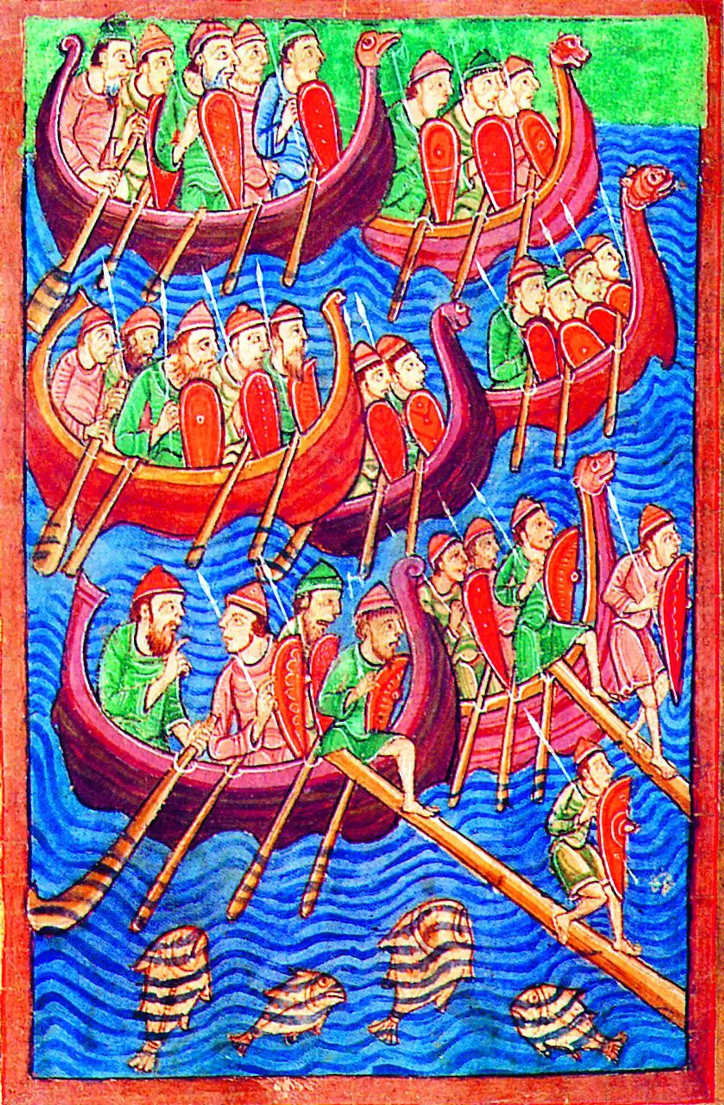 Fra en fransk illustreret bog fra ca. 1130 ser man nordiske vikinger, der angreb Frankrig omkring 865. Foto: Sacnpix.