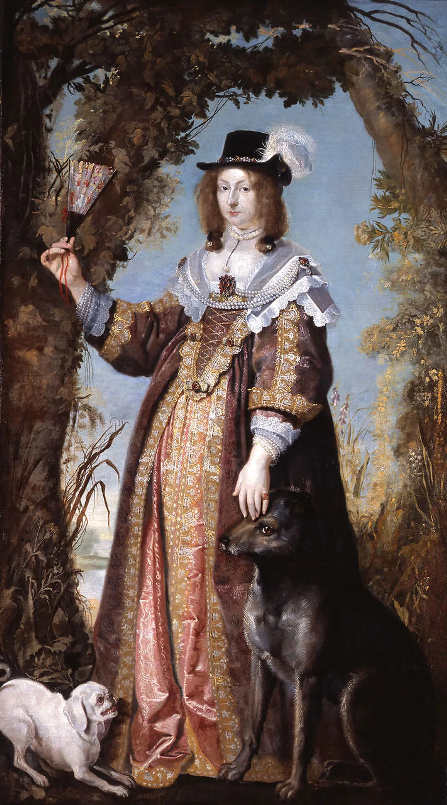 Leonora Christina (1621-98) malet af af Karel van Mander ca. 1642-44. Den omtrent 21-årige Leonora Christina er skildret af Karel van Mander i et idealiseret landskab. Med venstre hånd klapper hun hovedet på en tam ulv, der formentlig er en reference til ægtefællens slægtsnavn. Hun ser ud til at være gravid, og i perioden 1637-51 fødte hun 10 børn, som voksede op hos deres forældre. Hun havde Karel van Mander som tegnelærer. Hun var kunstnerisk begavet og lærte fremmed sprog som en mis. Bemærk hendes hat, som hun altid bar.