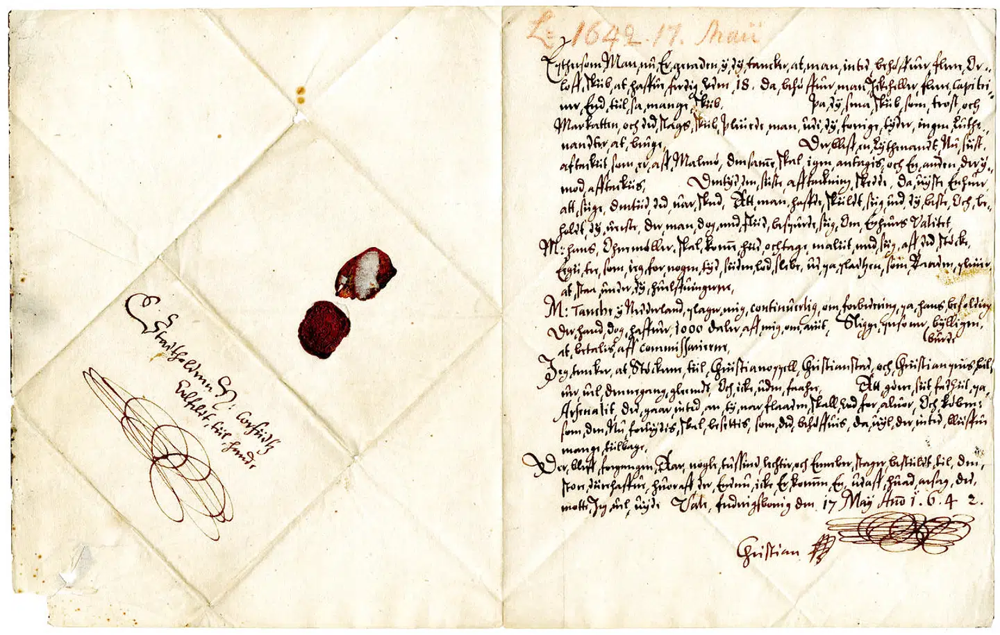 Brev fra Christian IV til Corfitz Ulfeldt 17. maj 1642. I brevet skriver kongen blandt andet, at der skal sørges for kanoner til fæstningerne, og han udtrykker utilfredshed med den måde, flåden bemandes på.