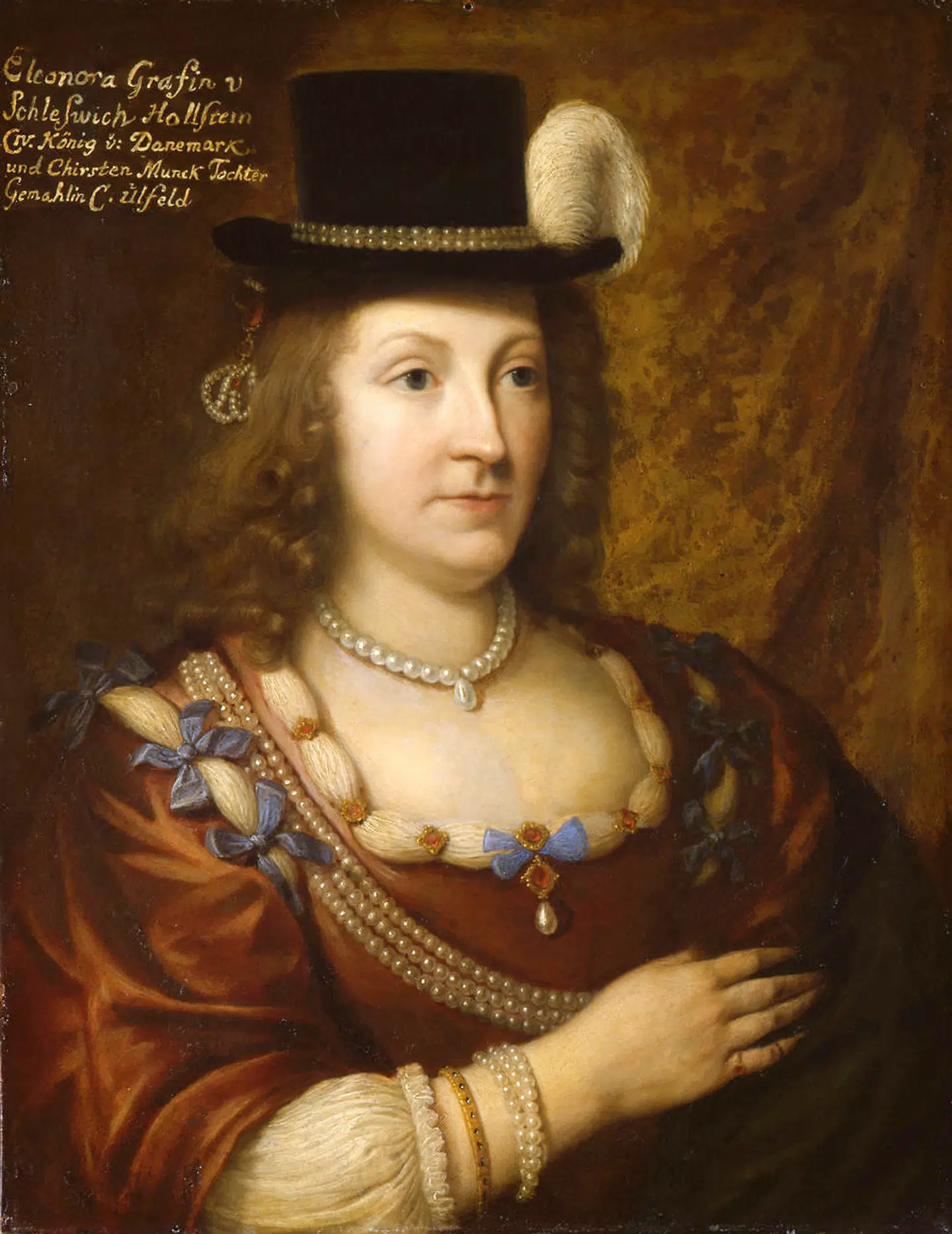 Leonora Christina malet af ubekendt, ca. 1650. Portrættet er muligvis malet på Leonora Christinas og Corfitz Ulfeldts anden ambassaderejse til Nederlandene 1648-49. Det har tilhørt Leonora Christinas og Corfitz Ulfeldts efterslægt.