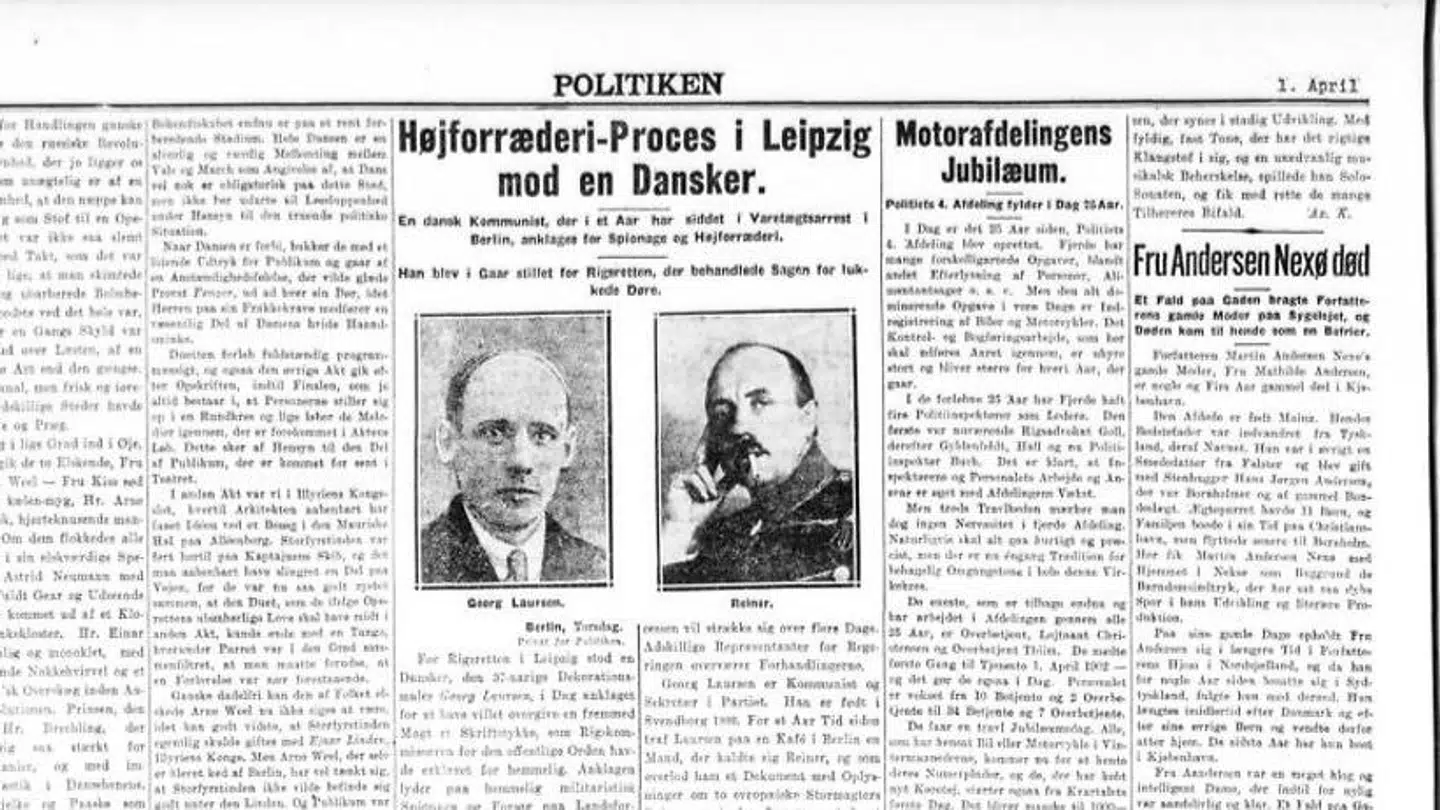 Da tysk politi i 1926 arresterede Georg Laursen var det en stor sag i Danmark. Her ses forsiden af Politiken. men danske medier fremstillede det som om Georg Laursen blot var en uskyldig og uheldig dansker. Illustration fra bogen.