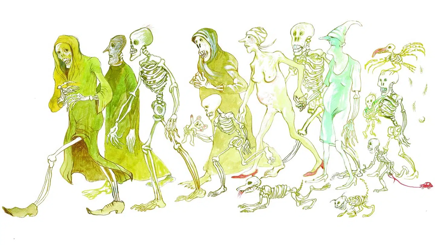 »Det er oplagt at læse Oscar K. og Dorte Karrebæks illustrerede novelle, »Dødedans«, ind i en coronakontekst, også selv om pandemien ikke nævnes med et ord, og de døende i dødens forgård er der af mange årsager.«, skriver Merete Reinholdt. Illustration: Dorte karrebæk