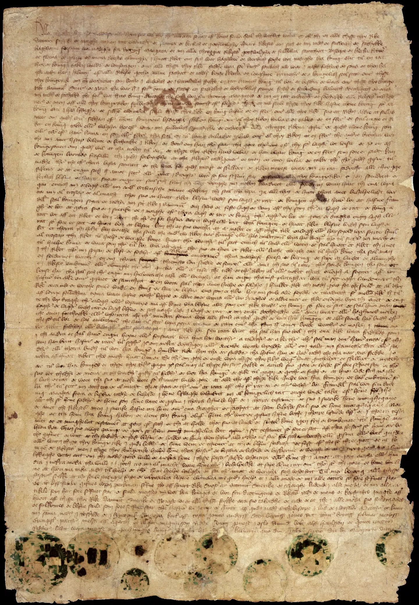 Dronning Margretes store politiske mesterværk var den nordiske union. Der eksisterer i Rigsarkivet to dokumenterer fra 1397 om unionen. Det er ene er et doument med mange segl på pergament, mens det såkaldte Unionsbrev, der ses her, er på papir med færre segl, blot stemplet på papiret. Dokumenterne har forskelligt indhold, og historikere har i århundreder skændtes om betydningen af de to dokumenter.