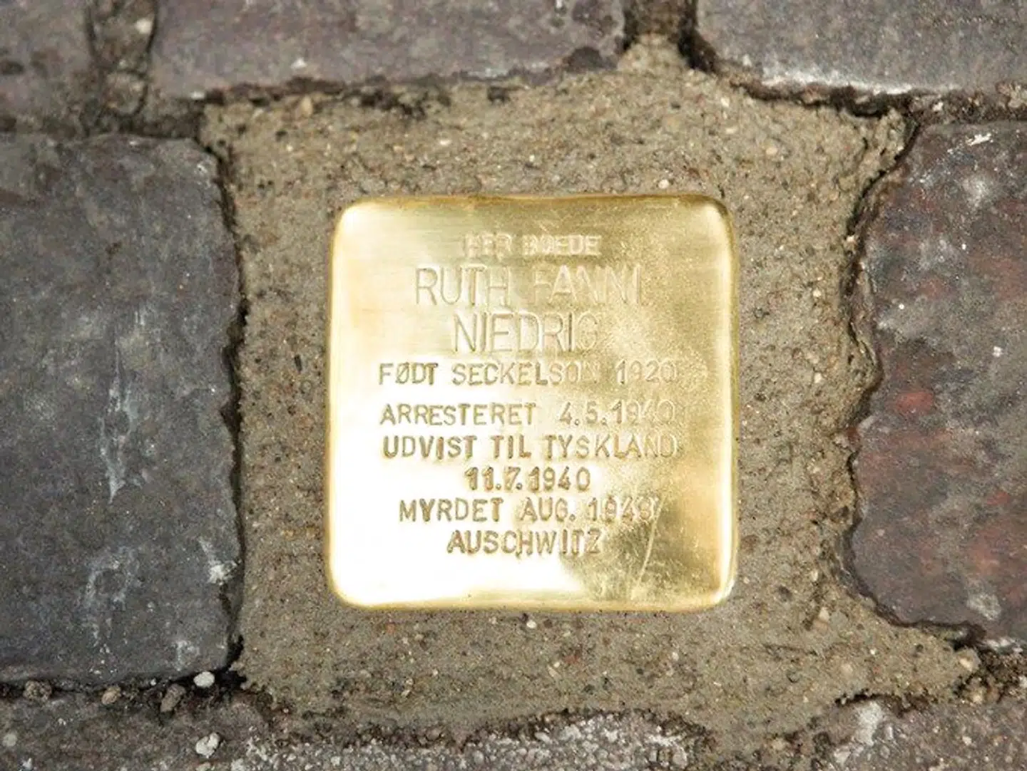 Her en af de snublesten, som mindestenen for pølsevognen er blevet associeret med.