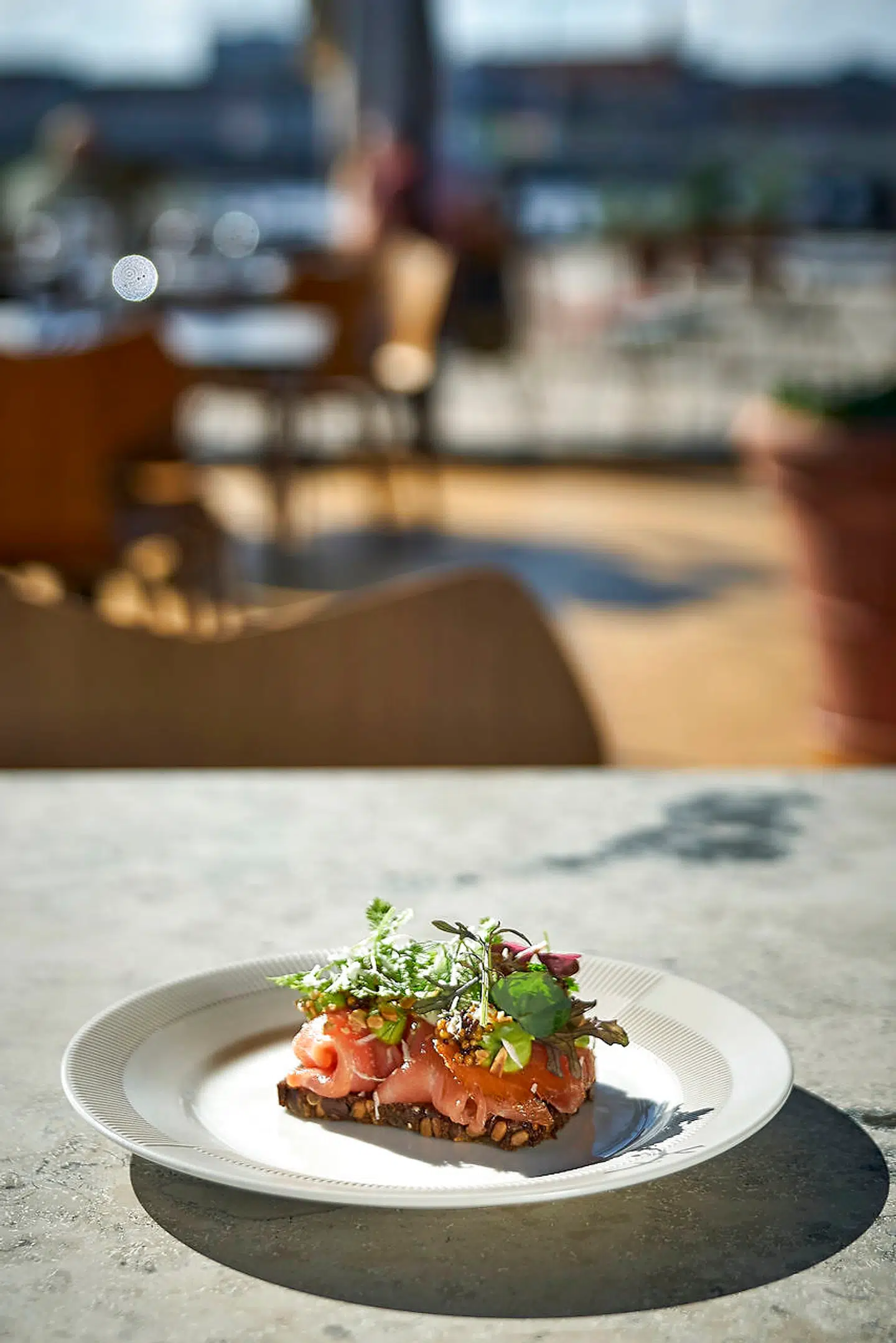 Laks med glaskål, dild og flødeost.