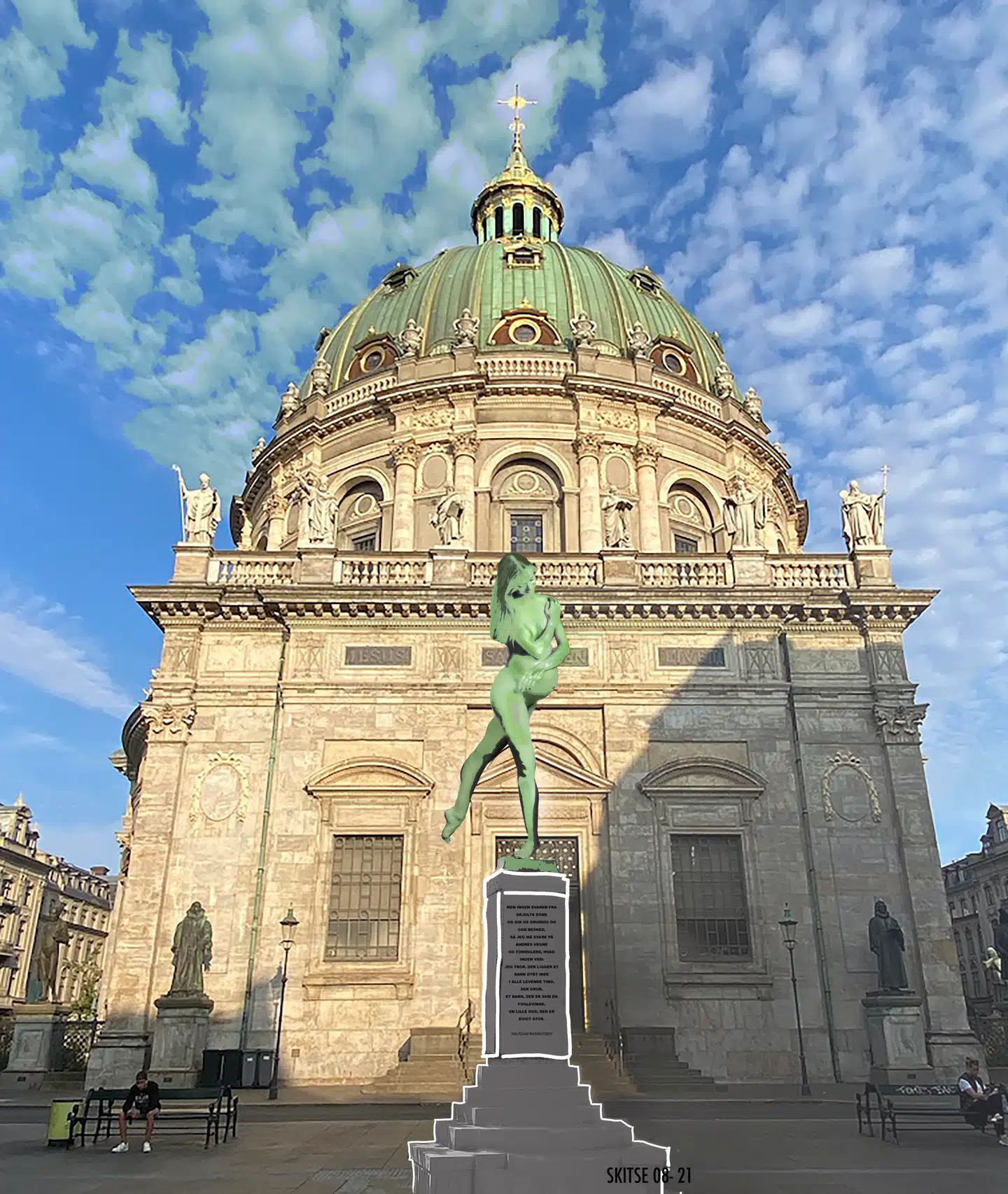 Dette er skitsen fra Suste Bonnén af skulpturen, der skal være opført i bronze. Selve skulpturen er 3,6 meter høj.