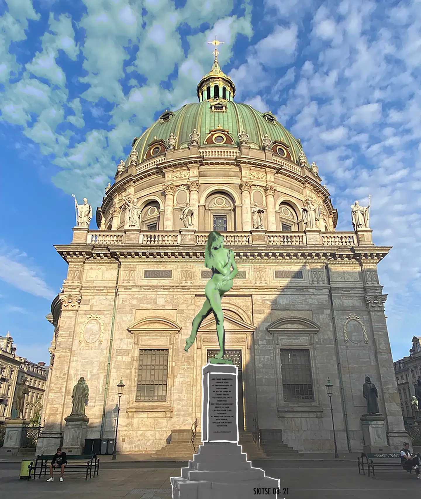 Dette er skitsen fra Suste Bonnén af skulpturen, der skal være opført i bronze. Selve skulpturen er 3,6 meter høj.