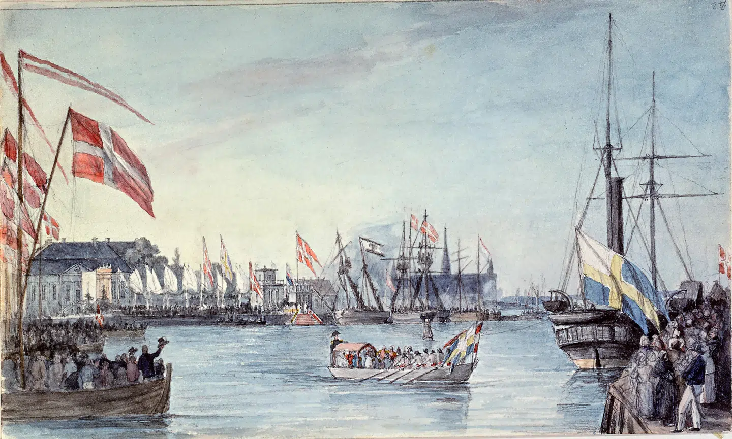 Den danske kong Frederik 7. og den svensk-norske kong Karl 15. mødtes flere gange for at lægge planer om en skandinavisk union under Berndotterne. Her ses Karl 15. afsejling efter kongemødet på Kronborg i 1860. Illustration fra bogen.