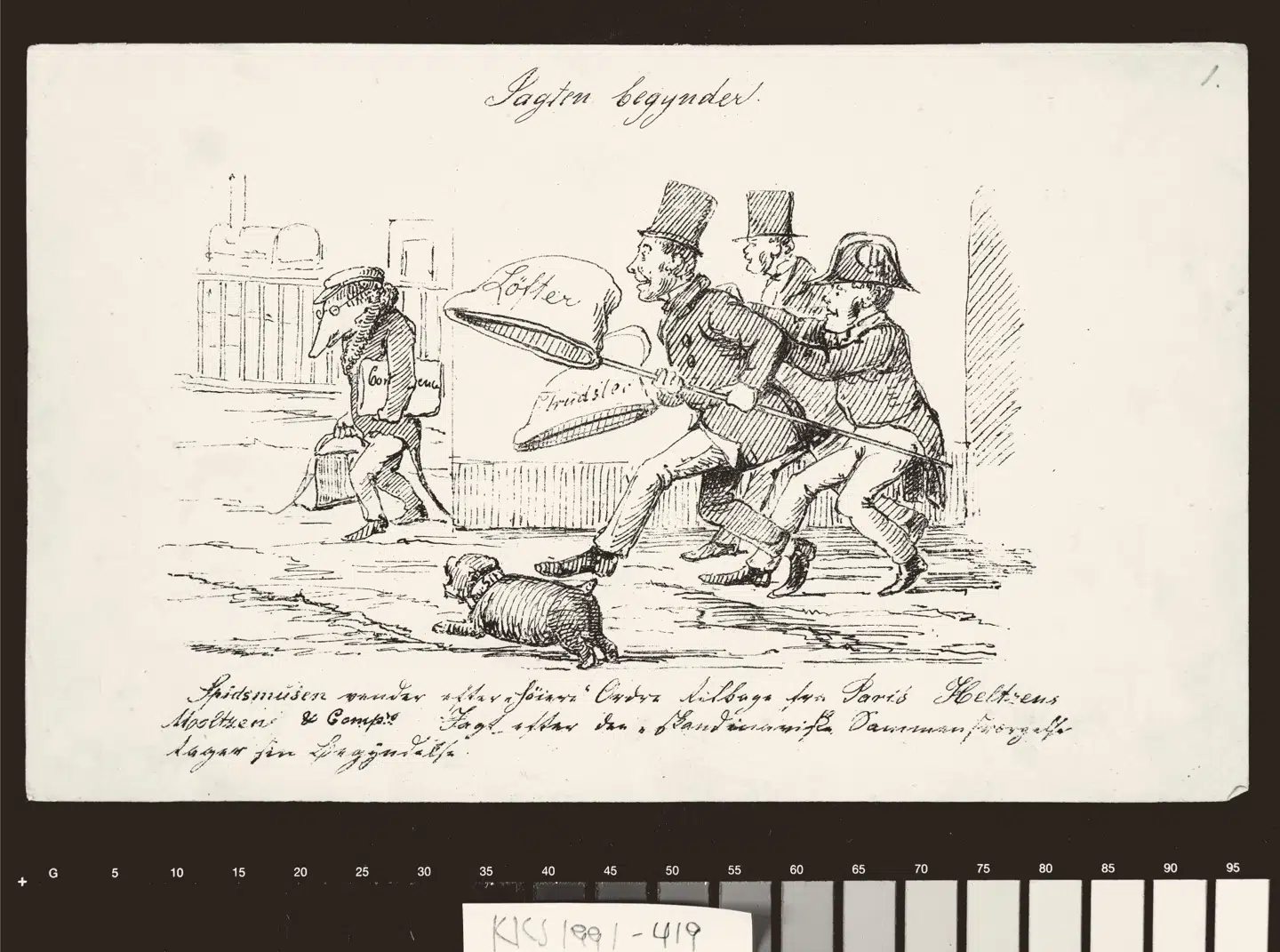 Tegningen har titlen »Jagten begynder« og laver grin med mistanken til de revolutionære skandinavister. Men revolutionsplanerne var alvorlige nok, og der stod indflydelsesrige mænd bagved. Illsutration fra bogen.