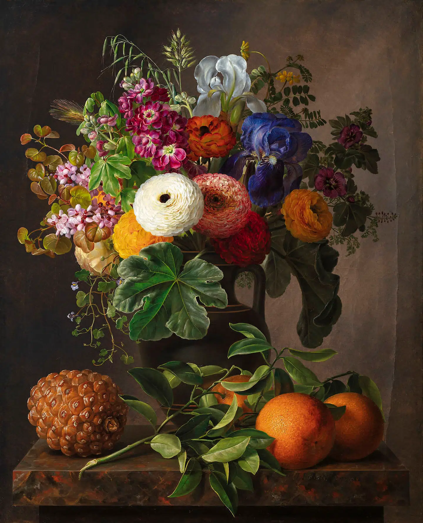 Kunstneren J.L. Jensens værk, »Nature morte med blomster i antik vase på marmorbordplade«, fra 1834. Værket tilhører Thorvaldsens Museum.