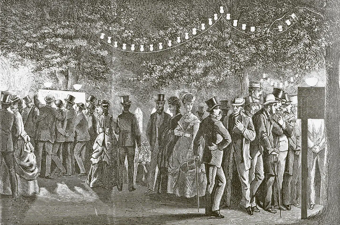 Man studerer krigsnyheder i Tivoli fra den fransk-tyske krig. Illustration fra bogen.