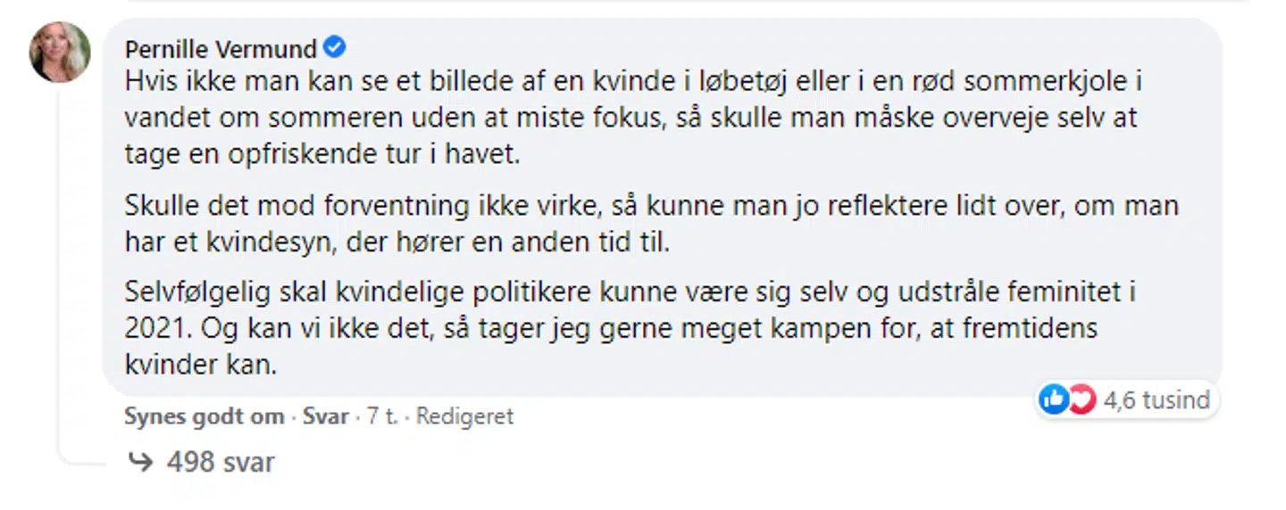 Pernille Vermunds (NB) kommentar til delingen af mediekommentaren på Politikens Facebook-side.
