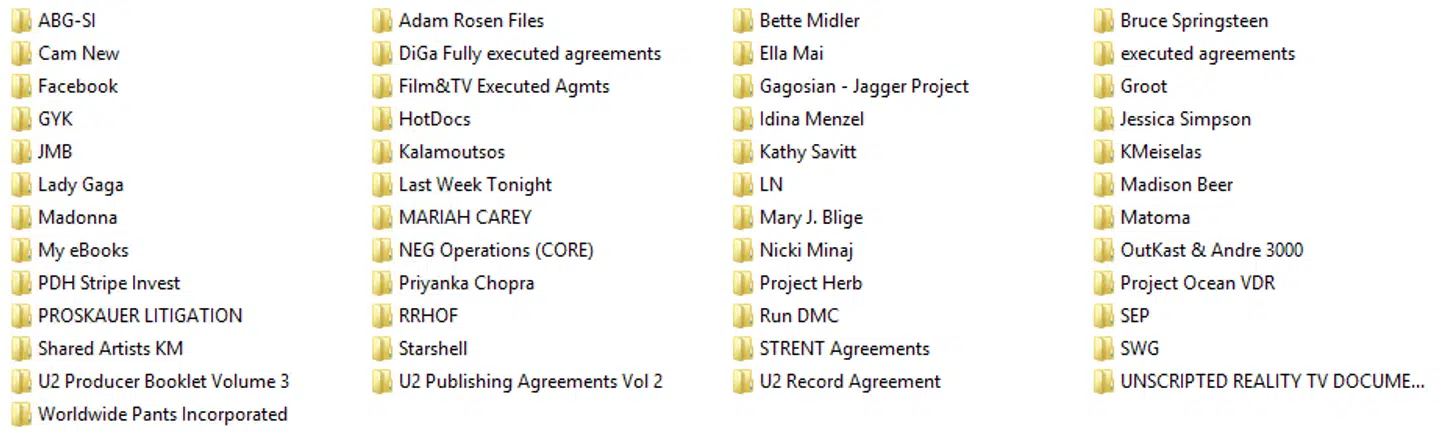 Den russisktalende hackergruppe REvil offentliggjorde i maj 2020 et screenshot af mapper, som den havde stjålet fra det amerikanske advokatfirma Grubman Shire Meiselas & Sacks. Hvis ikke advokatfirmaet ville betale en løsesum på 42 millioner dollar, ville de fortrolige dokumenter om verdensstjerner som Madonna, Lady Gaga og Bruce Springsteen blive sat til salg på auktion. Advokatfirmaet betalte ikke, og materialet har floreret på internettet siden.