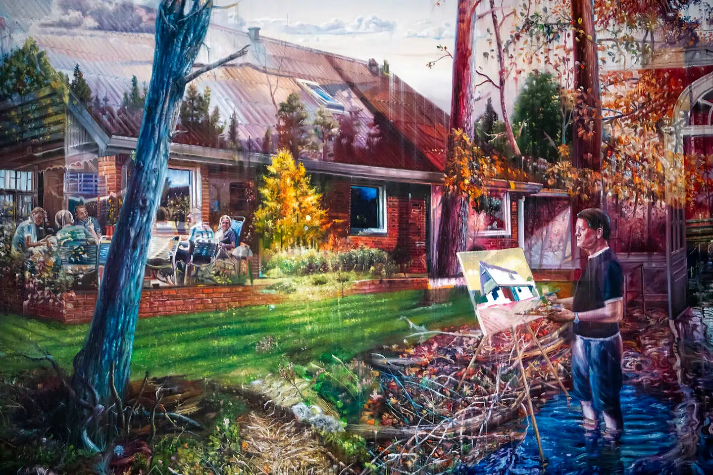 Jacob Brostrups malerier af Socialdemokratiets historie er ikke uden ironiske bemærkninger. På dette maleri ser man statsminister Jens Otto Krag stå med fødderne i vand og male en ufærdig bygning. Foto: Jacob Brostrup.