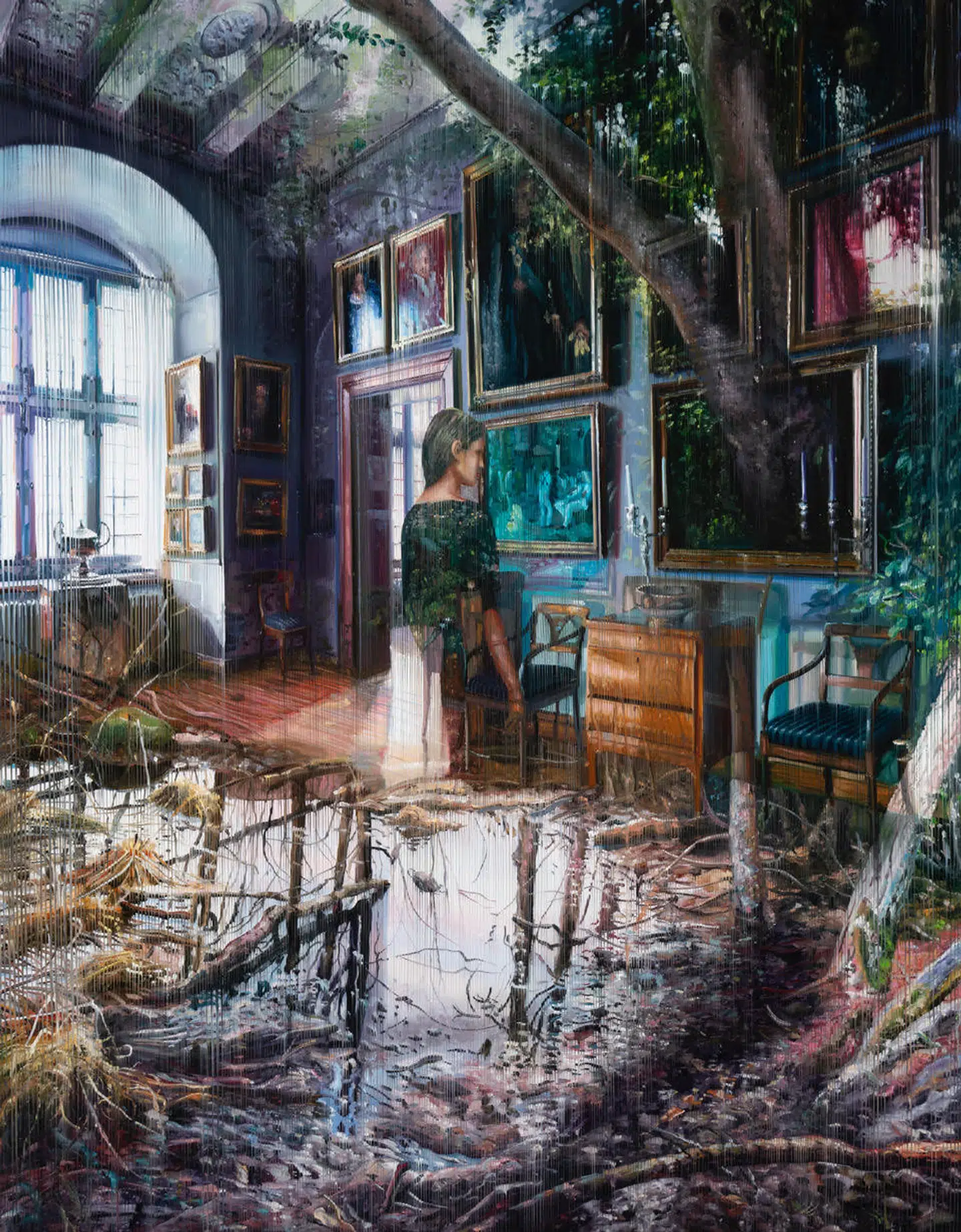 Jacob Brostrup malede dette maleri efter inspiration fra Det Nationalhistoriske Museum Frederiksborg. Man ser en pige kigge på et maleri, sandsynligvis Wilhelm Marstrands maleri fra 1800-tallet af et osteri i Rom. Ud af et skovmaleri, sandsynligvis et maleri af P.C. Skovgaard, vokser et rigtigt træ. På gulvet breder naturen sig. Brostrup ønsker at fange stedets historik.