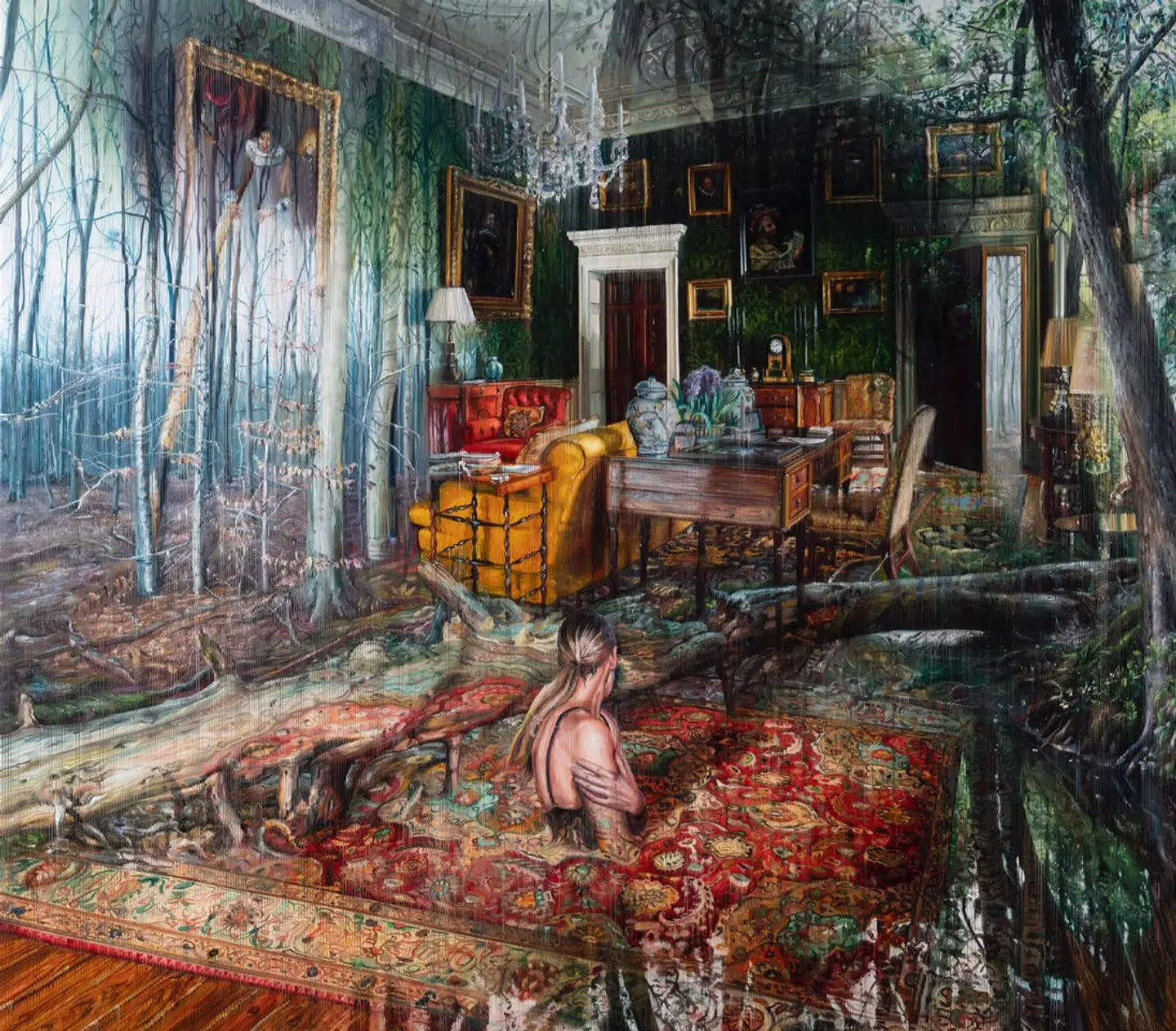 Jacob Brostrups seneste værker hedder »Rewilding Dreams«. Han forsøger at fange stedernes historie og blande kultur med natur. Den vante tryghed synes at forsvinde i hans malerier.