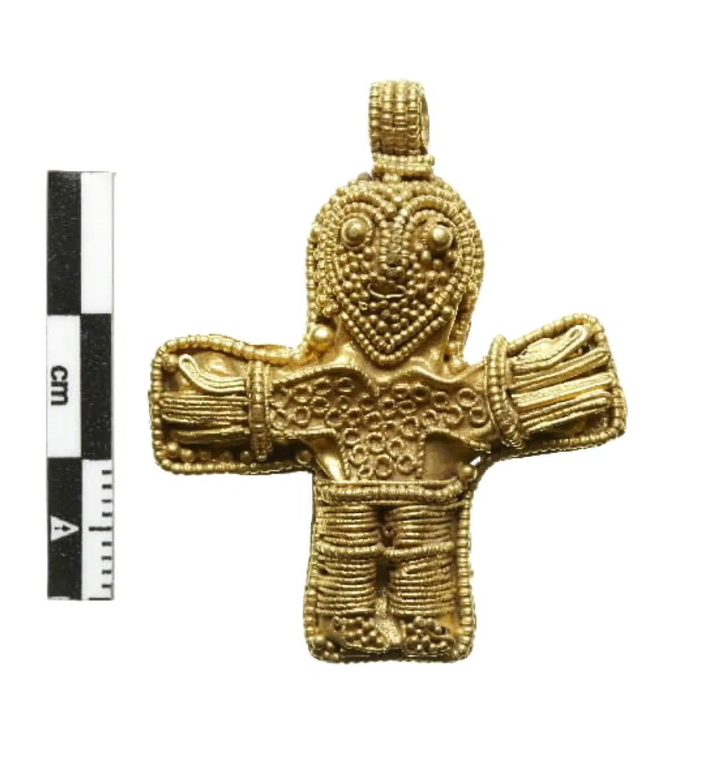 Krucifikset er en af de ældste fremstillinger af den korsfæstede Kristus fundet i Danmark. Kvaliteten og materialet tyder på, at det er fremstillet til en højtstående person, måske i kredsen omkring kongen. Avnslev, Fyn. 900-tallet.