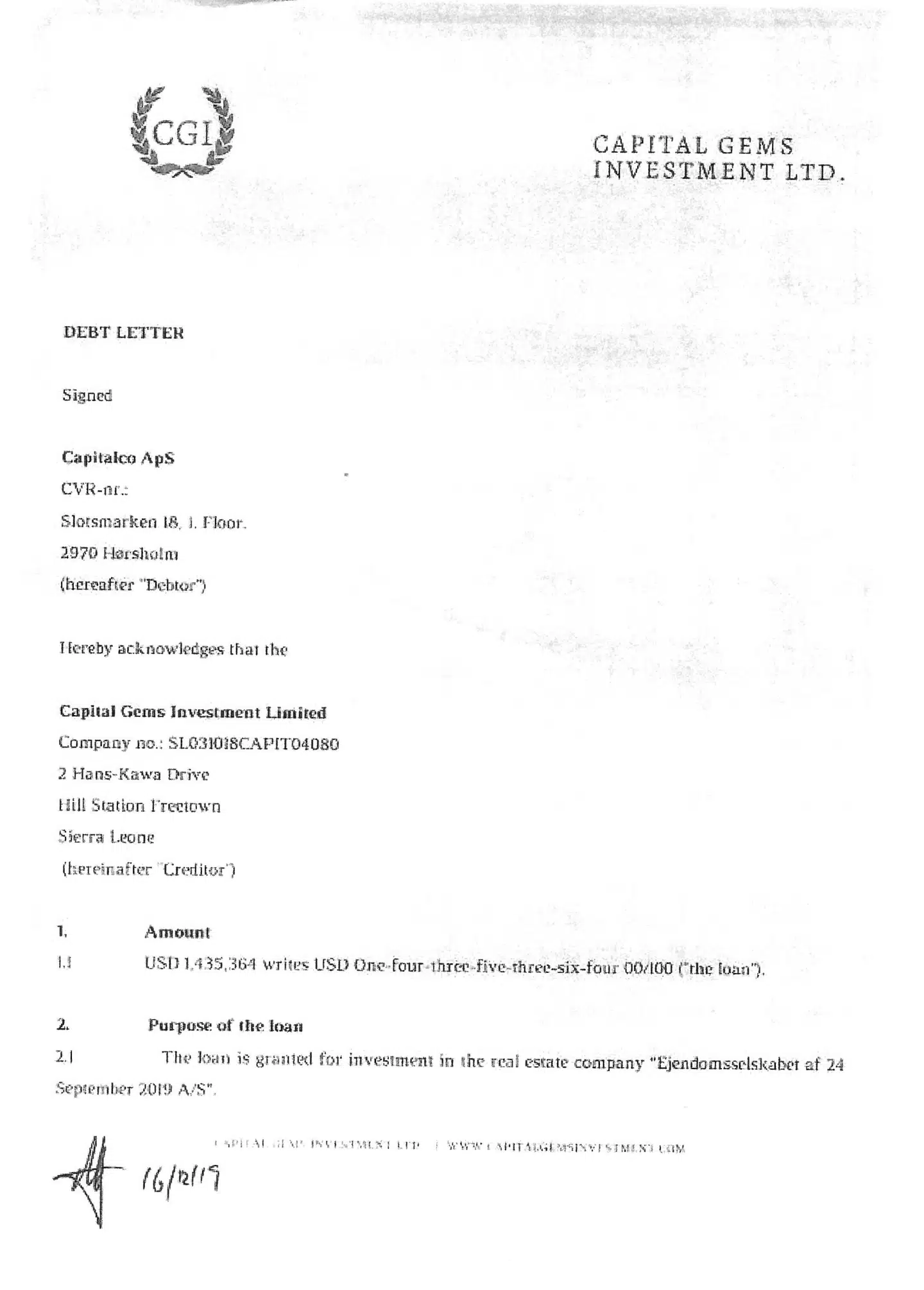 Her ses første side i den tre sider lange låneaftale. Under »Purpose of the loan« nævnes »Ejendomsselskabet af 24. september 2019 A/S«. Det er advokaternes private ejendomsselskab.