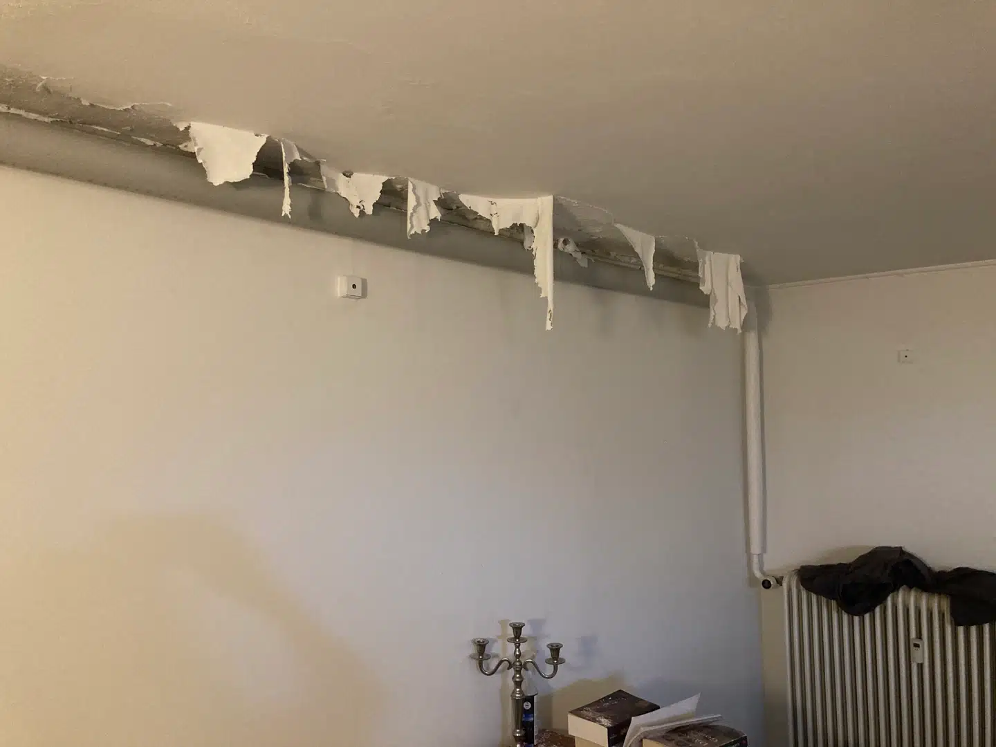 Berlingske har talt med ni lejere fra seks forskellige lejligheder. I denne lejlighed er køkkenet så fugtigt, at malingen helt har sluppet loftet og hænger 15 centimeter ned i laser.