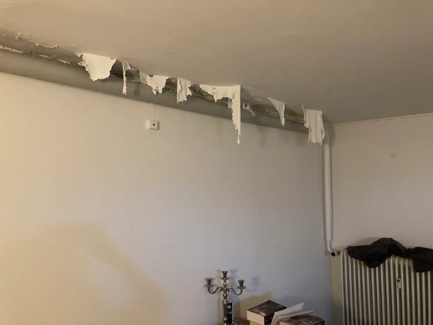 Berlingske har talt med ni lejere fra seks forskellige lejligheder. I denne lejlighed er køkkenet så fugtigt, at malingen helt har sluppet loftet og hænger 15 centimeter ned i laser.