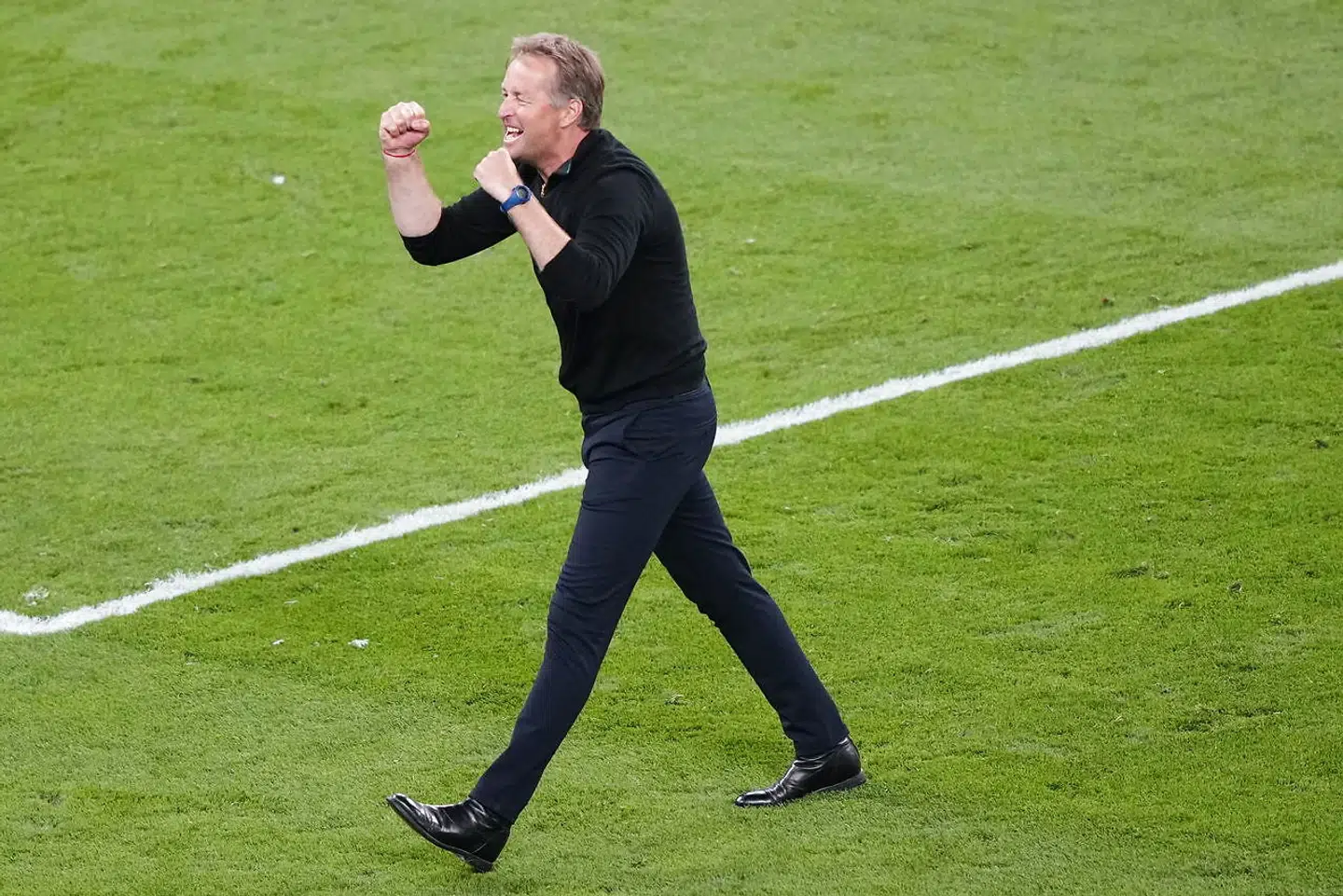 Kasper Hjulmand nød at fejre triumfen mod Rusland med de danske fans i Parken og hele landet.