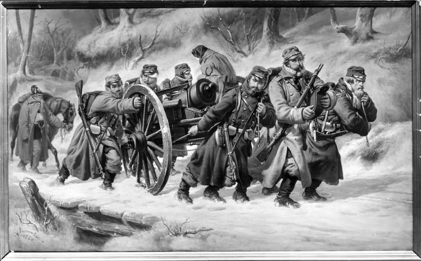 Niels Simonsens berømte maleri af tilbagetoget fra Dannevirke i 1864. Efter krigene mod Tyskland i 1800-tallet fik historiemaleriet en central placering i skildringen af danmarkshistorien.