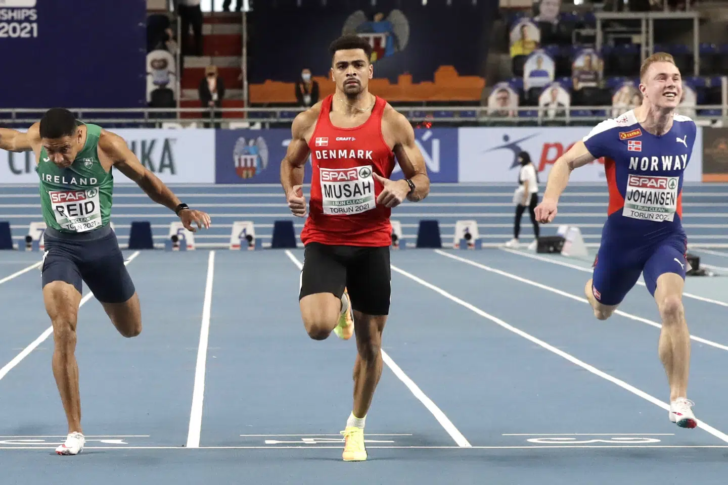 Kojo Musah (i midten) er stadig lidt fra OL-kravet på 100 meter. (Arkivfoto) Czarek Sokolowski/Ritzau Scanpix