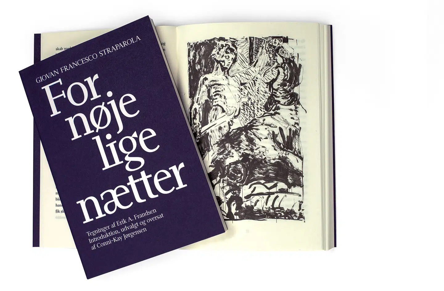 Den italienske forfatter Giovan Francesco Straparola nedskrev i 1500-tallet mundtligt cirkulerende eventyr og fortællinger, hvilket blev til bogen »Fornøjelige nætter«. I den nyeste version har Conni-Kay Jørgensen udvalgt og oversat 17 af Straparolas eventyr og historier, og Erik A. Frandsen har tegnet 17 kæmpe tuschtegninger til bogen.