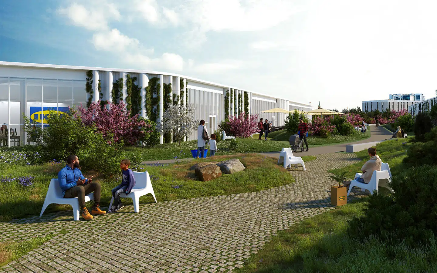 IKEA forventer, at det nye varehus får en certificering for bæredygtigt byggeri ved navn BREEAM Outstanding. Illustration: Dorte Mandrup Arkitekter