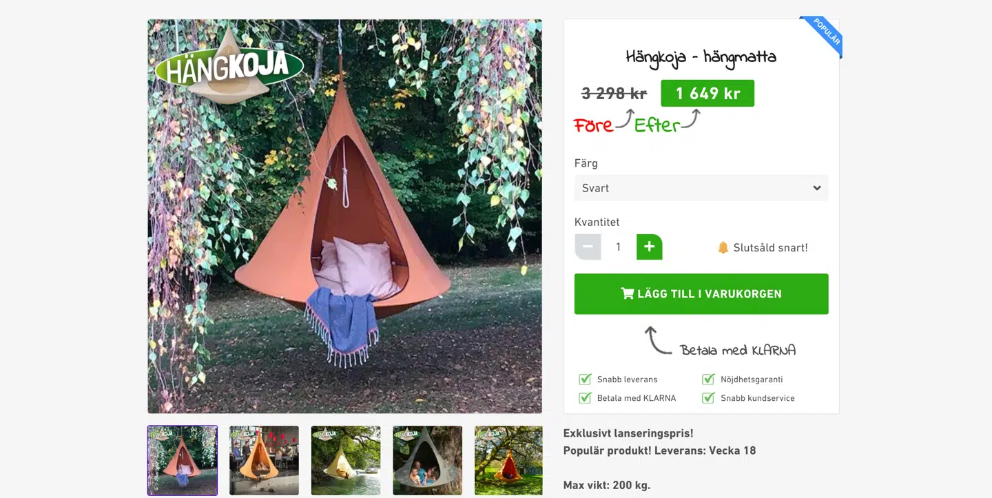 Her bruger Mark Haugaard og Halfdan Harring Cacoonworlds billede til at markedsføre deres såkaldte Hængehule – men skiltet med varemærket »Cacoon« nederst til højre på hængekøjen er photoshoppet væk.