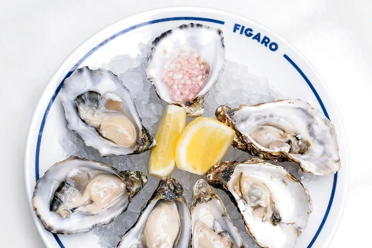 Figaros østers-smagesæt (230 kroner) med tre slags østers: fine de claire, perle blanche og Gillardeaus no. 3.